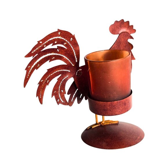 Rustic Metal Rooster Tea Light Farmhouse Candle Holder 6” Tall - Picture 2 of 5